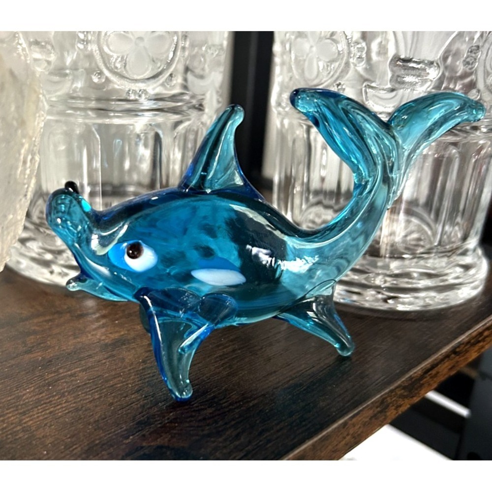 Hand Blown Blue Art Glass Fish Figurine Abstract Sculpture 4" Vintage